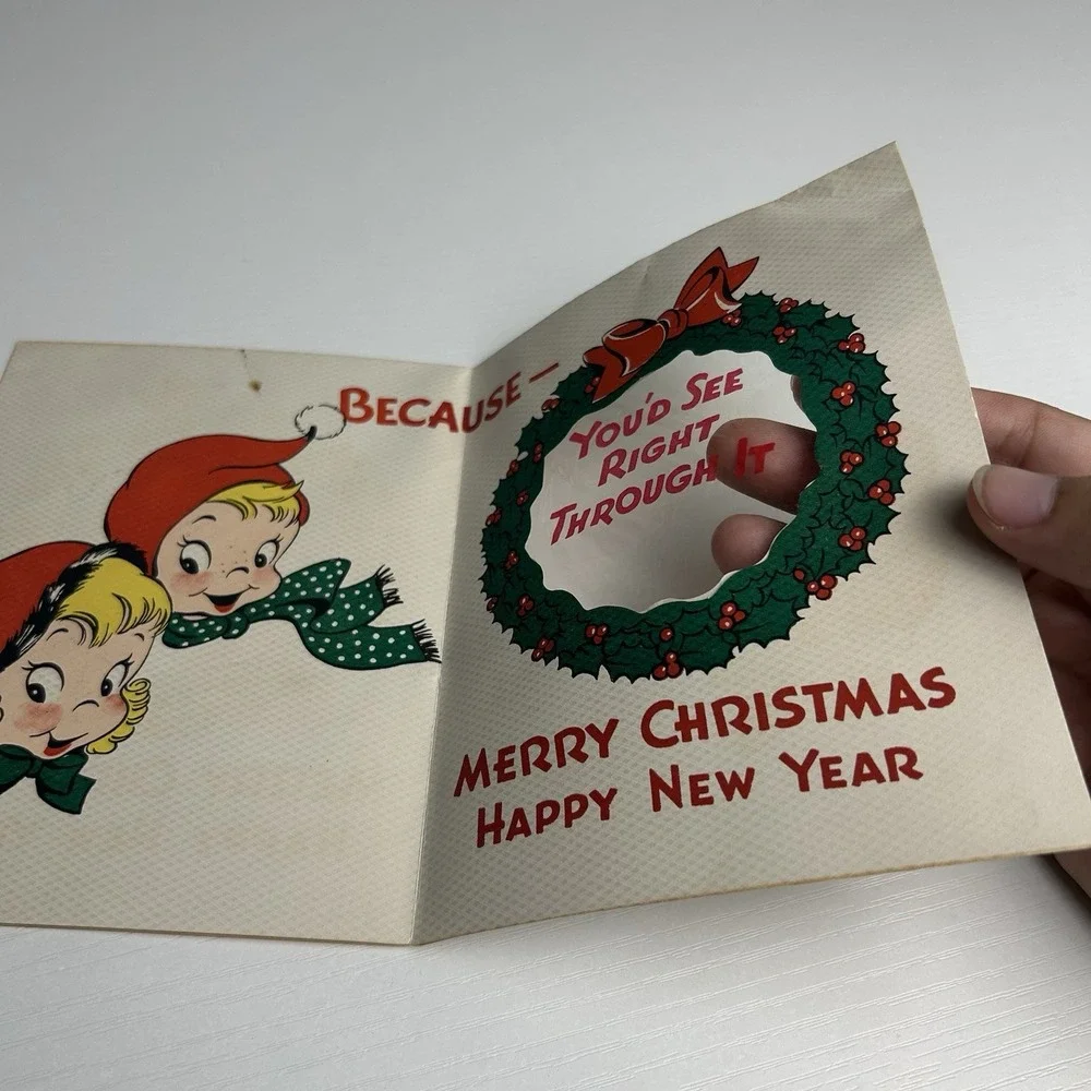 Vintage 1946 Christmas Greeting Card Retro Peek-Through Novelty Art Decor Unused
